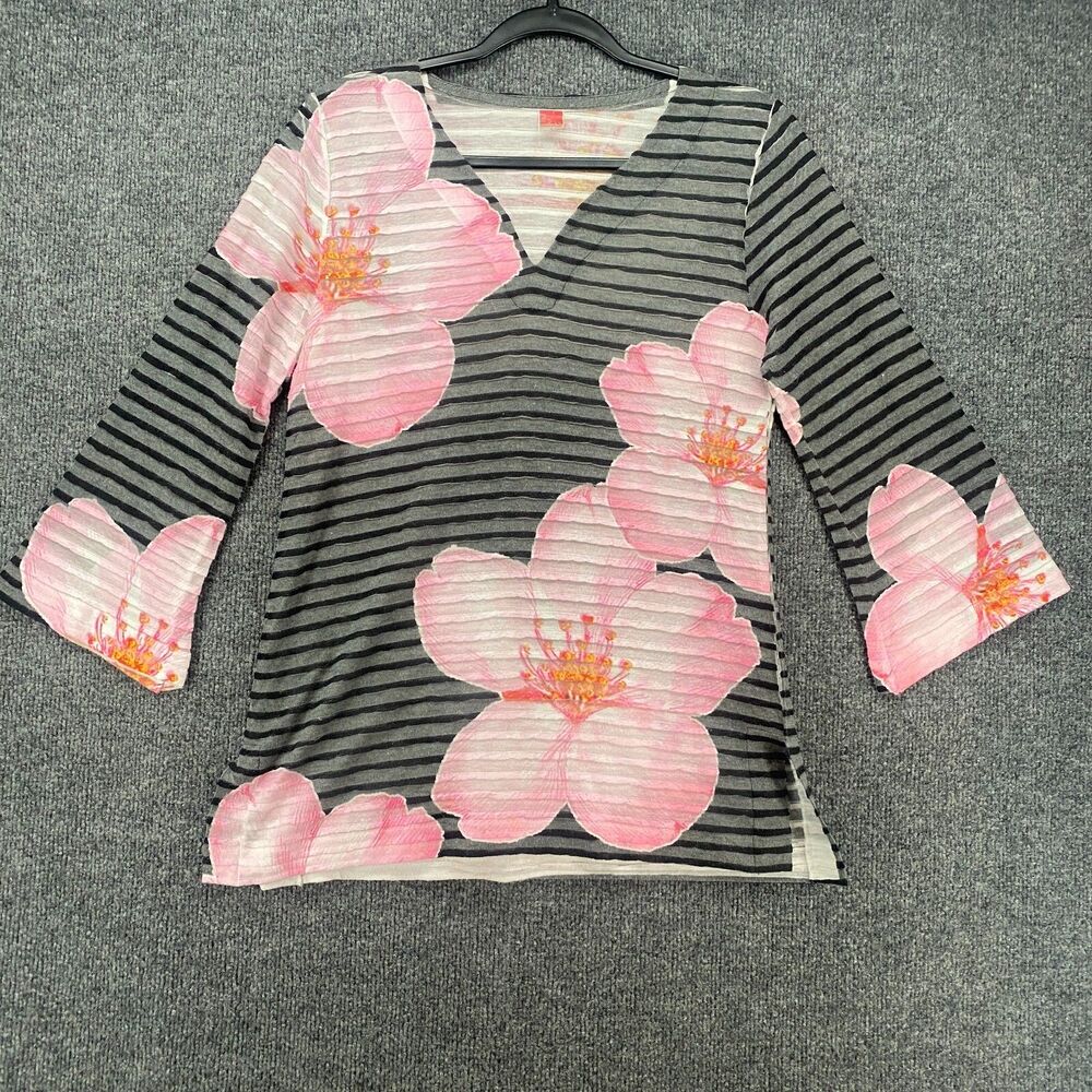 Before + Again Top‎ Womens S Black Floral Tunic V-Neck Artsy Casual Chic Coastal